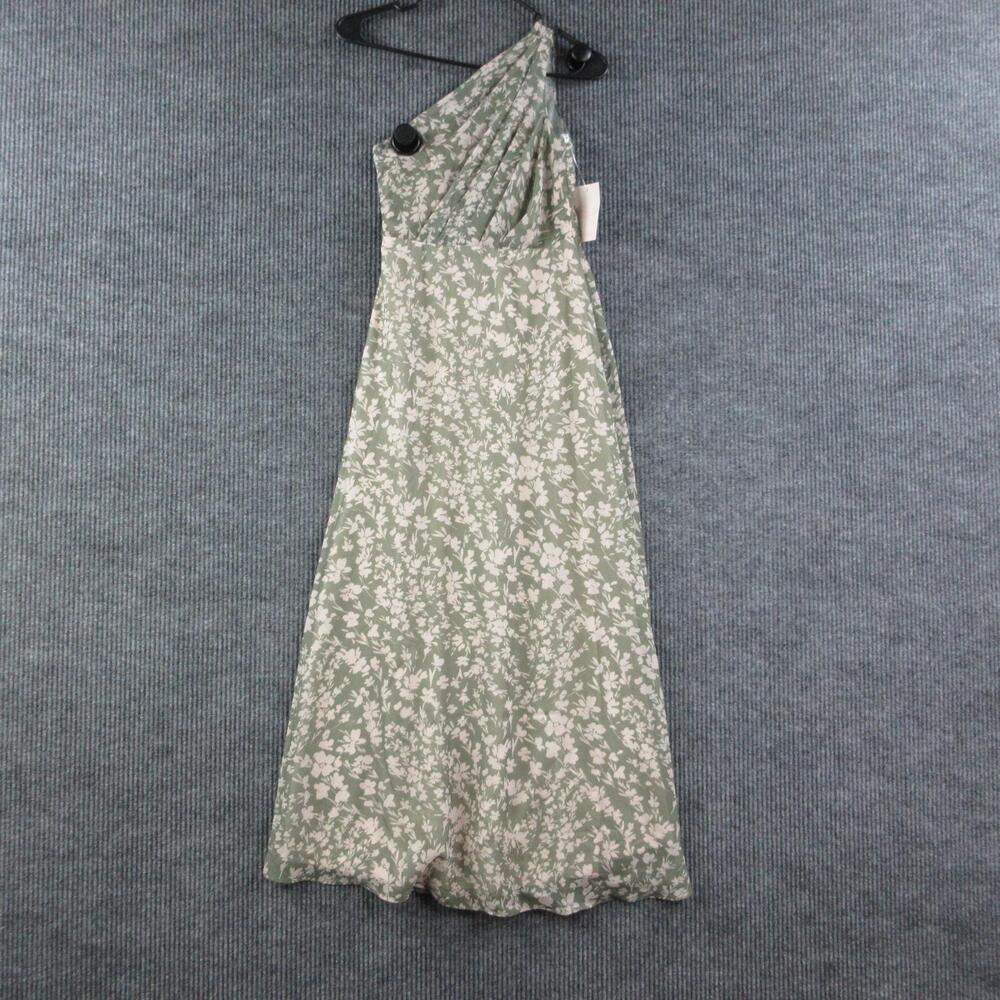 Birdy Grey Dress Womens L Thyme Green One Shoulder Maxi Chiffon Lined NWT